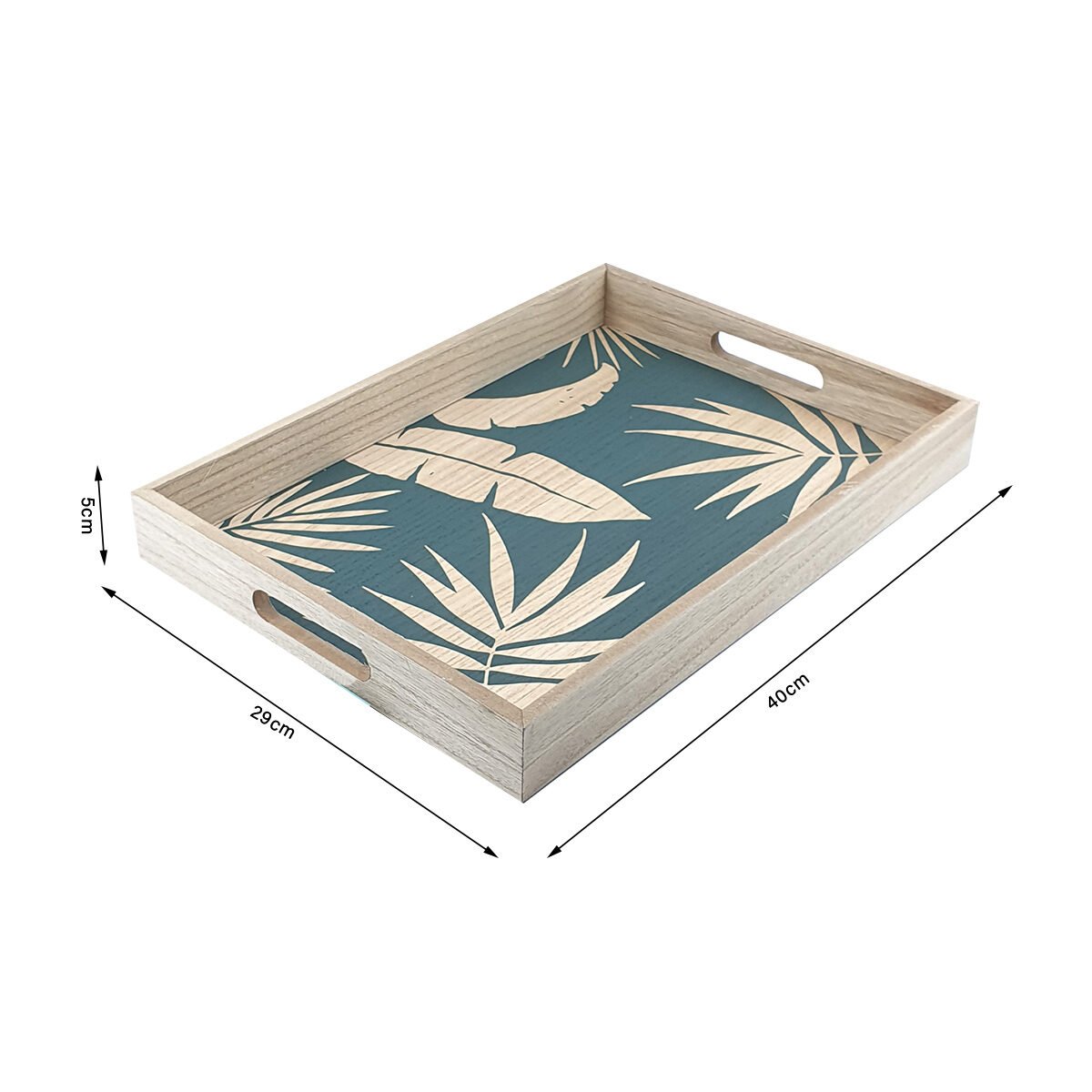 Dark blue ferns wooden tray L 40 x W 29 x H 5 cm with edges and handles