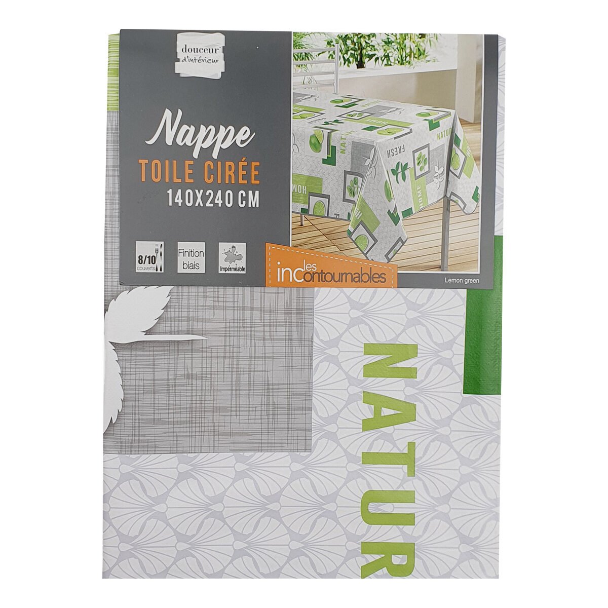 Nappe rectangulaire en toile cirée/PVC imprimée Lemon Green L 240 x l 140 cm avec finition biais Douceur d'intérieur