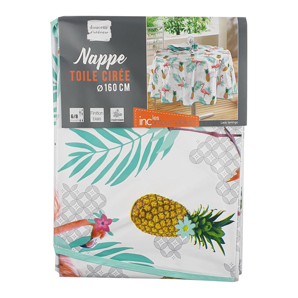 Round tablecloth in oilcloth/PVC printed Lady Flamingo D 160 cm with bias finish Douceur d'intérieur
