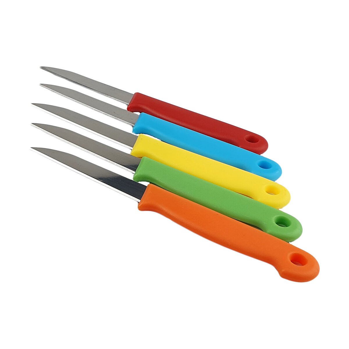 Set of 5 fruit and vegetable knives in 7 cm stainless steel and plastic handle in different colors