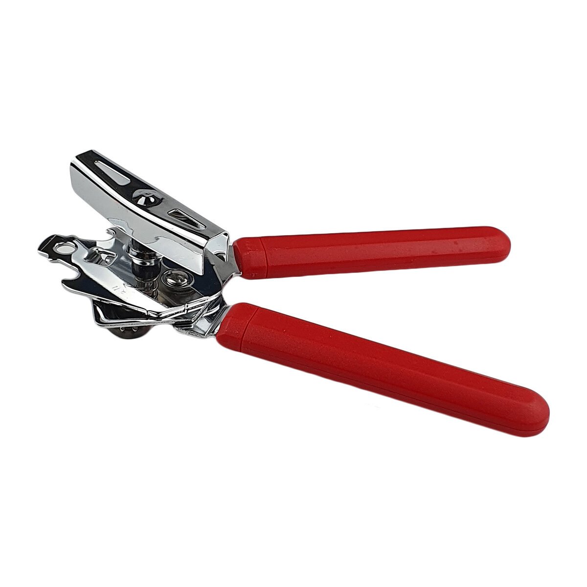 Ouvre-boîte en métal et plastique rouge L 19 cm avec bouton à tourner et 1 tête décapsuleur des 2 côtés Maxime Home