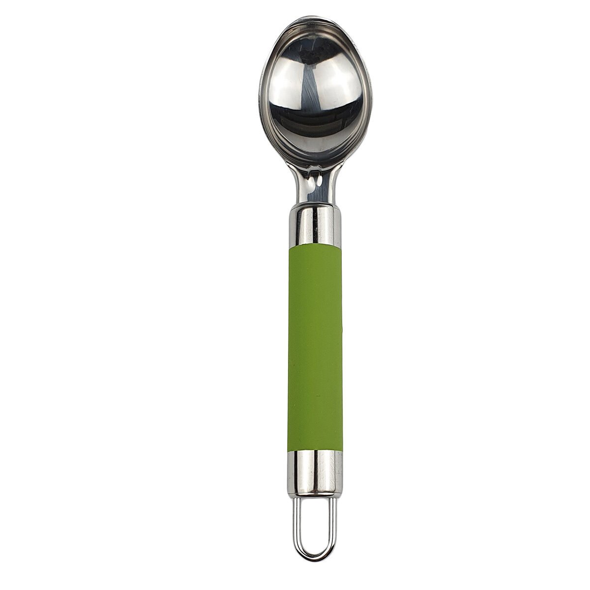 Cuillère à glace en acier inoxydable L 19.5 cm avec poignée en silicone vert anti-dérapant