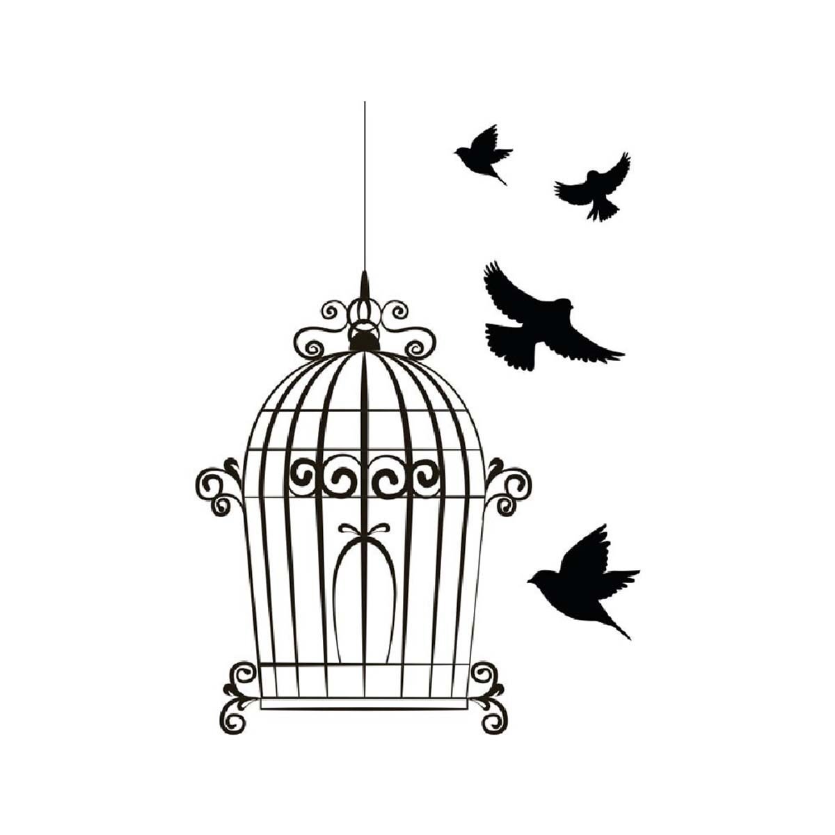 Sticker de vitre électrostatique Oiseaux et cage sur une planche L 60 x l 40 cm