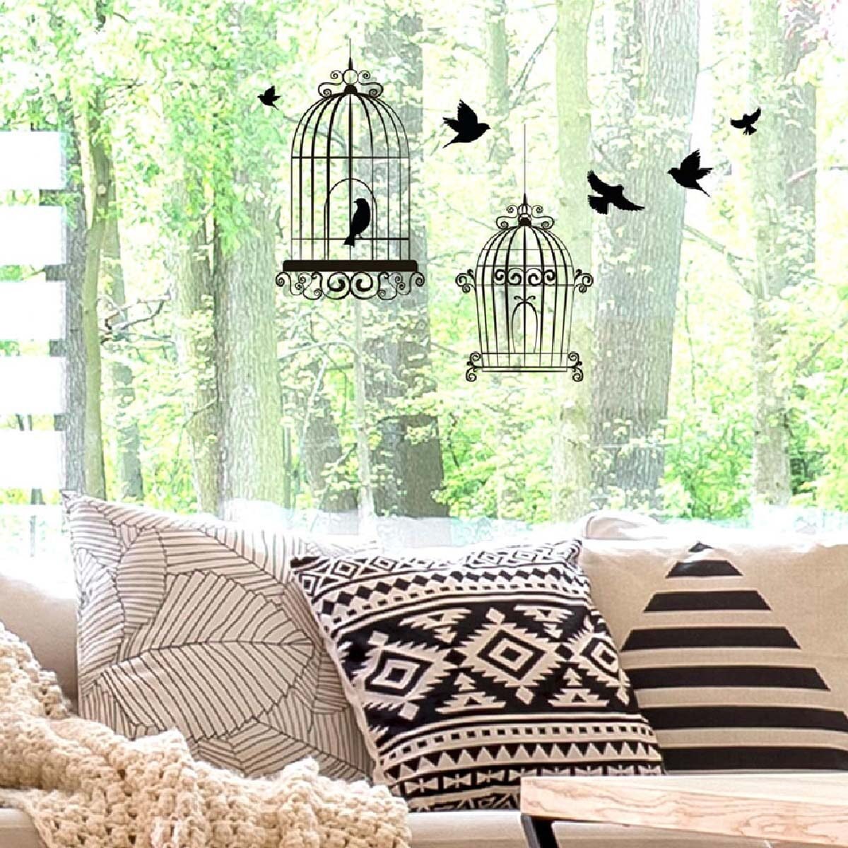 Sticker de vitre électrostatique Oiseaux et cage sur une planche L 60 x l 40 cm