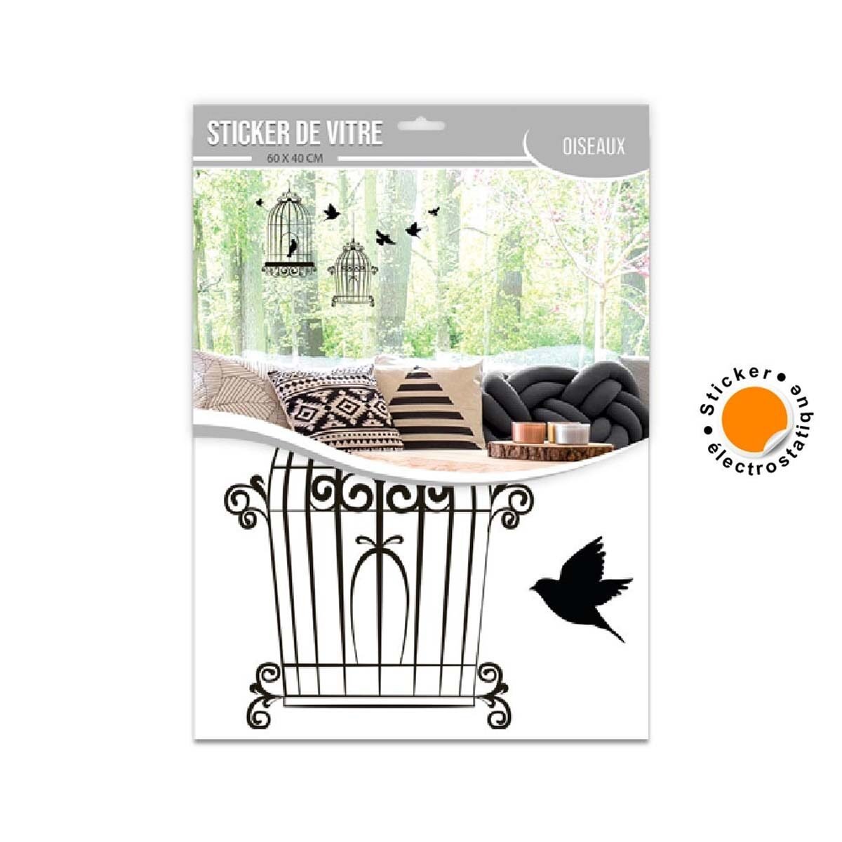 Sticker de vitre électrostatique Oiseaux et cage sur une planche L 60 x l 40 cm