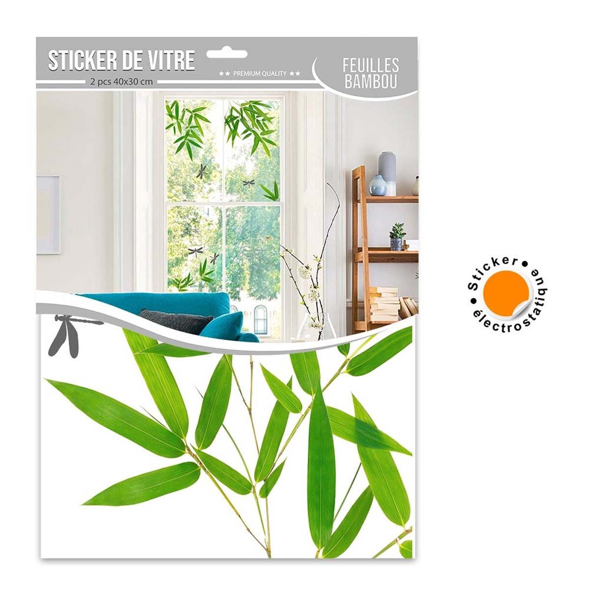 Electrostatic window sticker Bamboo leaves and dragonflies on a board L 60 x W 40 cm