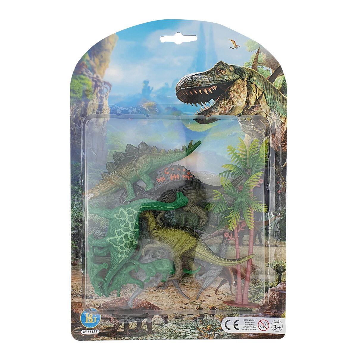 Toy set with 10 different plastic dinosaurs from L 6 to 12 cm + 1 BG palm tree