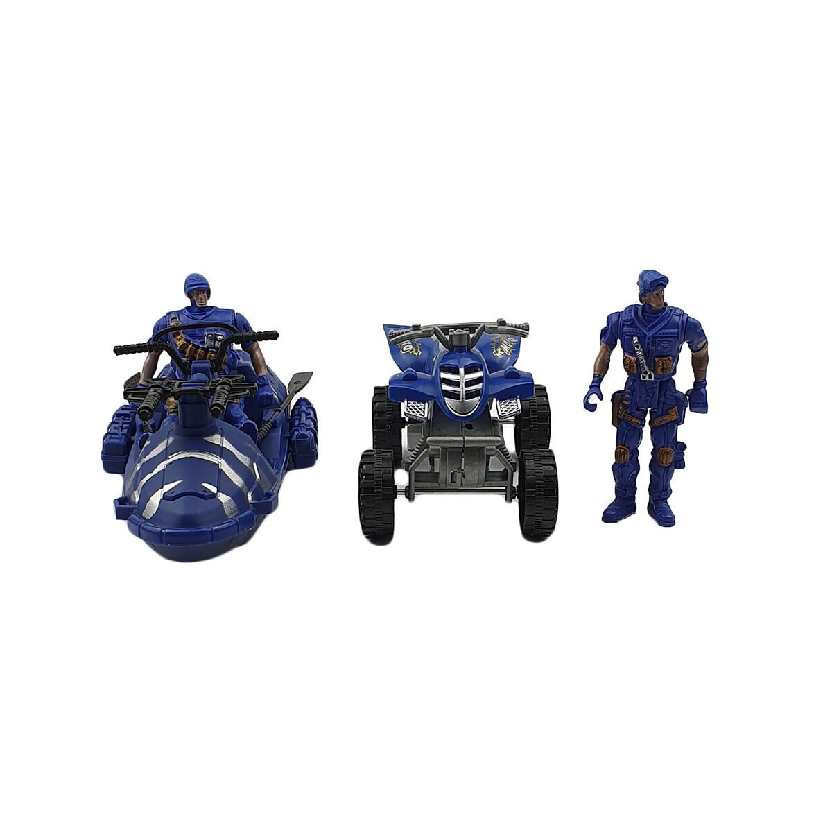 Toy set with 2 policemen, 1 quad and 1 speed boat in blue and silver plastic BG