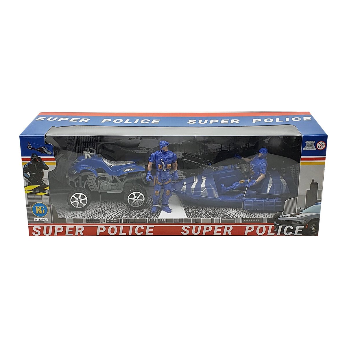 Toy set with 2 policemen, 1 quad and 1 speed boat in blue and silver plastic BG