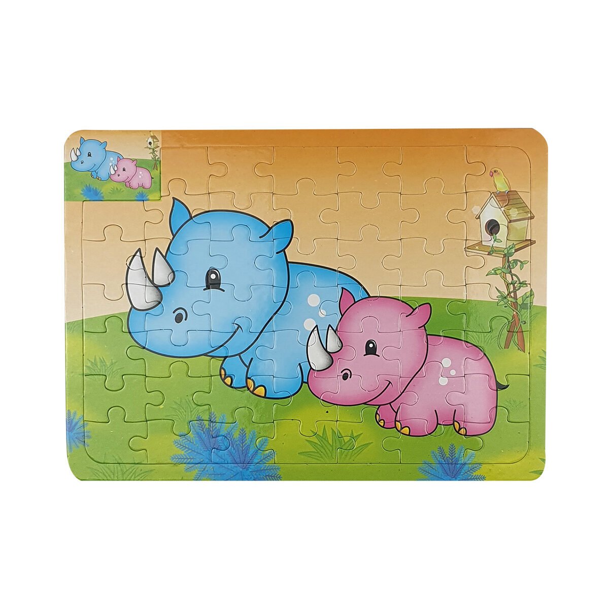 Children's puzzle in 49 pieces L 26 X l 19 cm with Rhinoceros pattern with the same pattern to color on the back BG