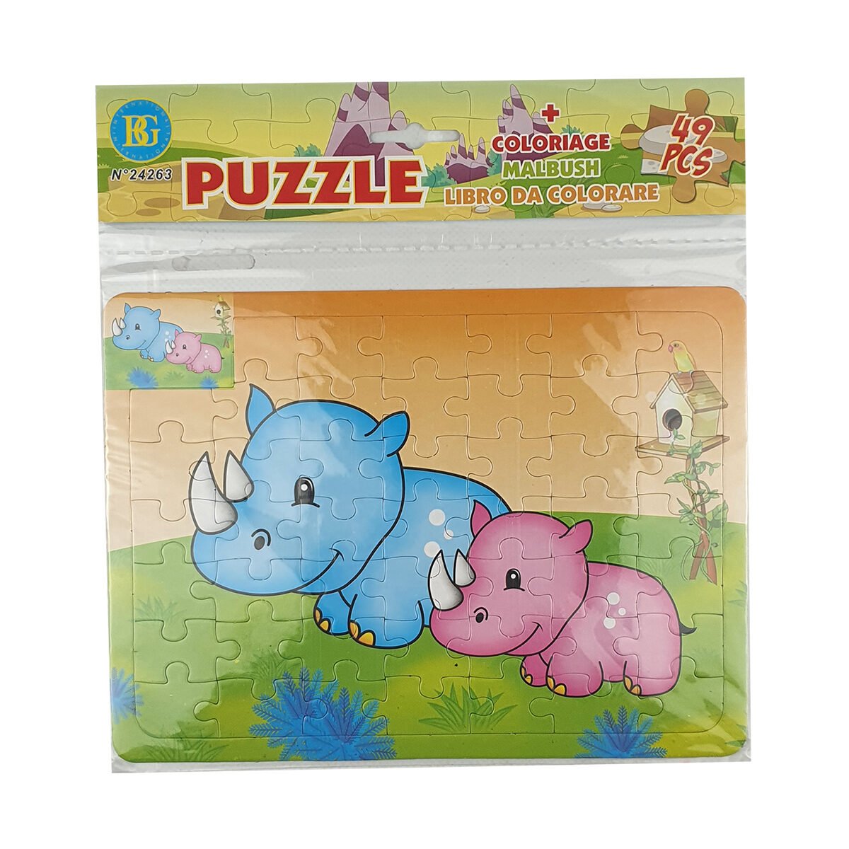 Children's puzzle in 49 pieces L 26 X l 19 cm with Rhinoceros pattern with the same pattern to color on the back BG