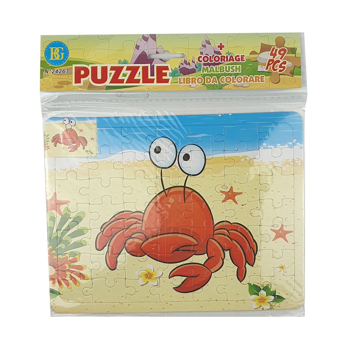 Puzzle enfant en 49 pièces L 26 X l 19 cm à motif Crabe avec le même motif à colorier au verso BG