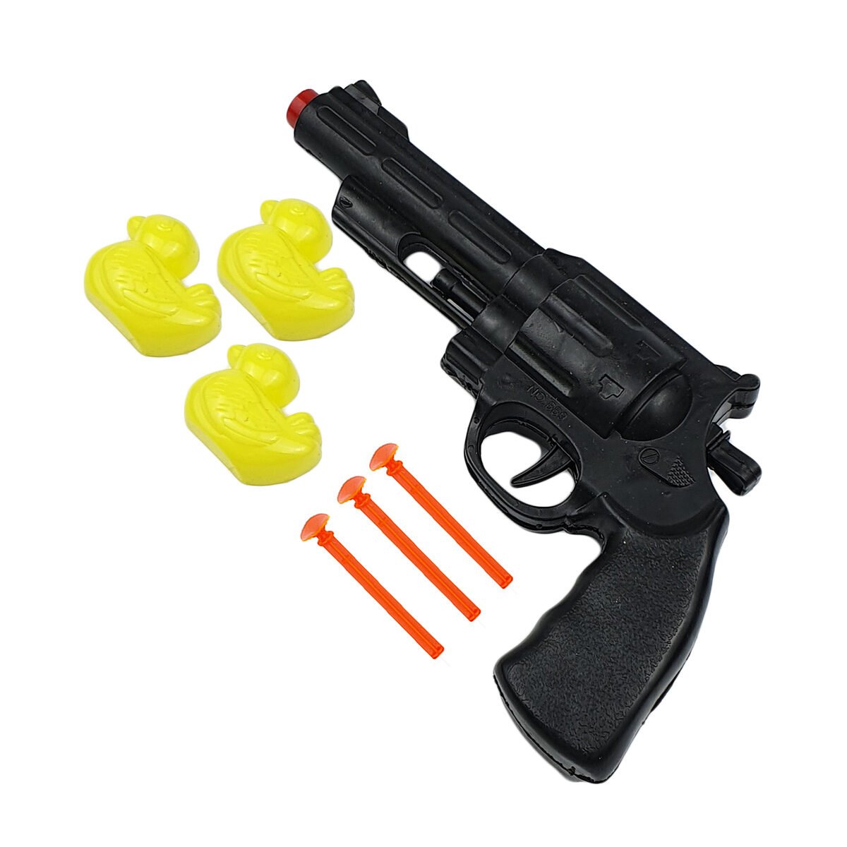 Ensemble de jouets avec 1 pistolet noir et 3 canards jaunes en plastique + 3 fléchettes en caoutchouc BG