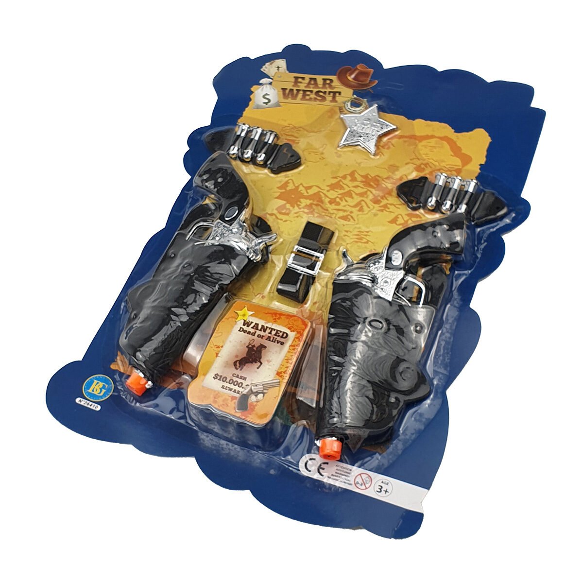 Cowboy toy set with 2 silver and black pistols with their scabbards, 2 bullet holders, 1 belt and 1 BG plastic sheriff's star