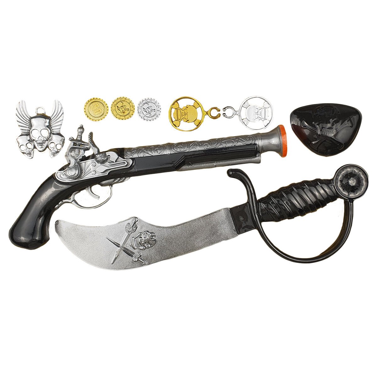 Pirate toy set with cannon gun, saber L 28 cm, eye patch, pendant, earrings and plastic parts BG