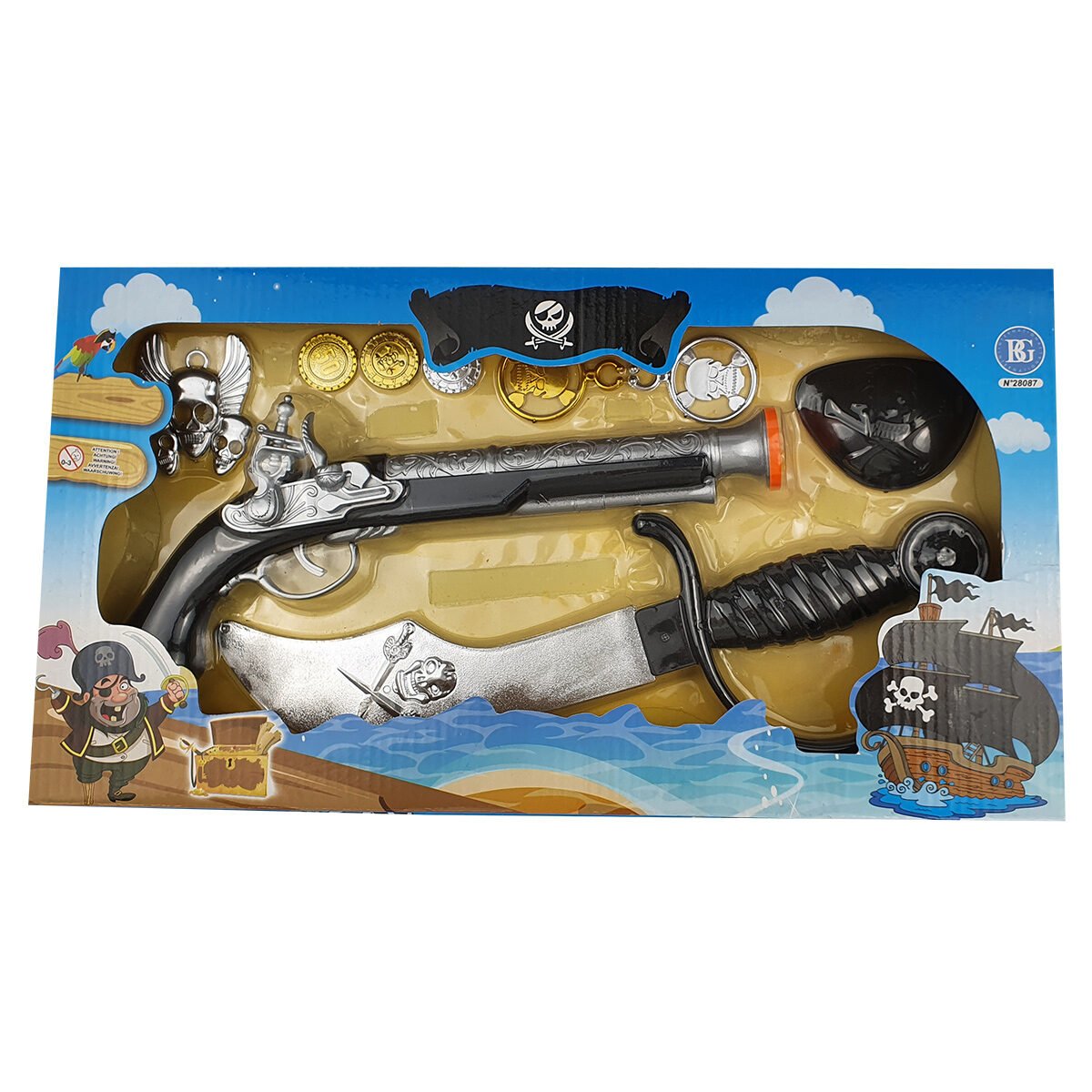 Pirate toy set with cannon gun, saber L 28 cm, eye patch, pendant, earrings and plastic parts BG