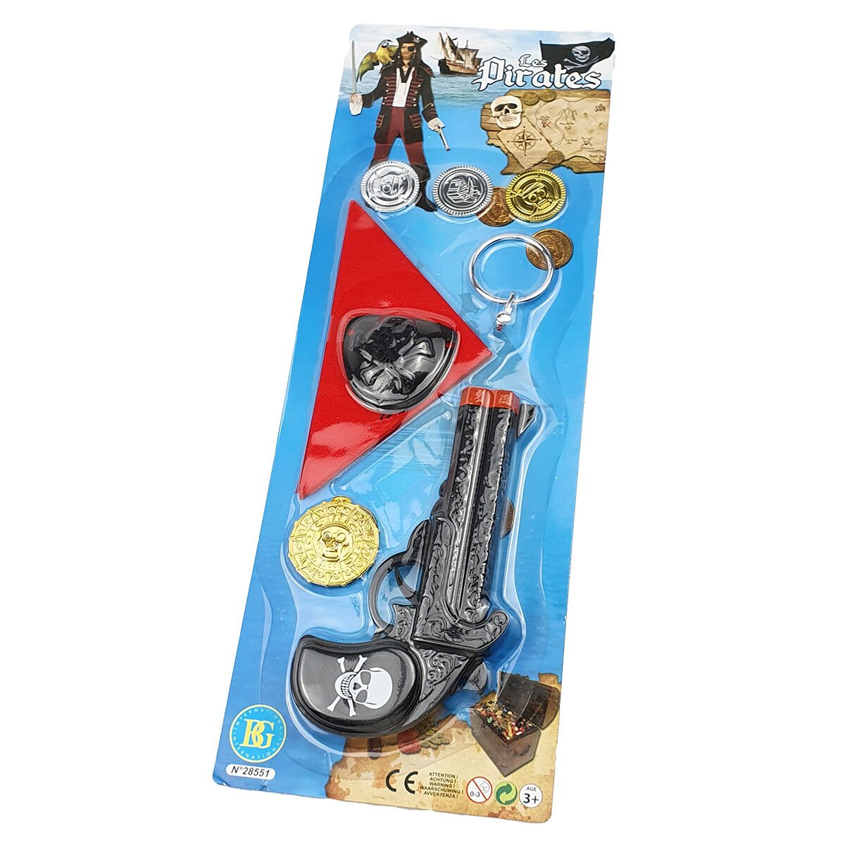 Ensemble de jouets Pirate avec pistolet bruiteur, cache-œil, boucle d'oreilles et pièces en plastique + bandana rouge en tissu BG