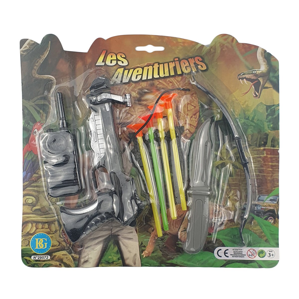 Ensemble de jouets Aventurier avec arbalète, couteau, talkie walkie et support de flèches en plastique + 4 flèches en caoutchouc et plastique BG