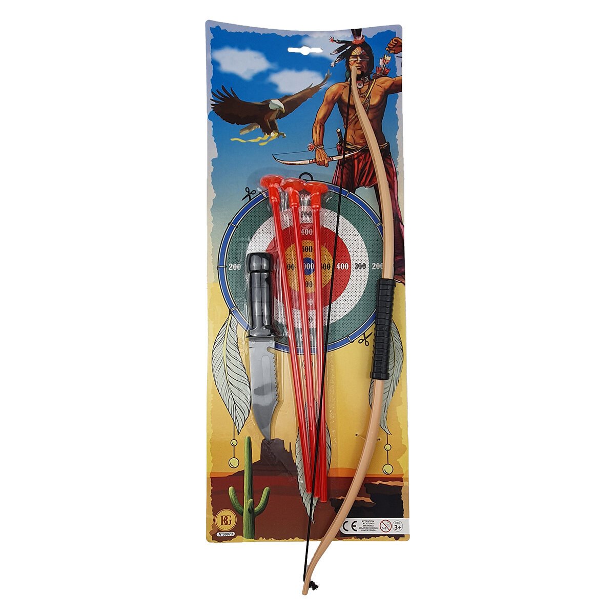 Indian toy set with bow L 53 cm and plastic knife + 3 rubber and plastic arrows + cardboard target to cut out BG