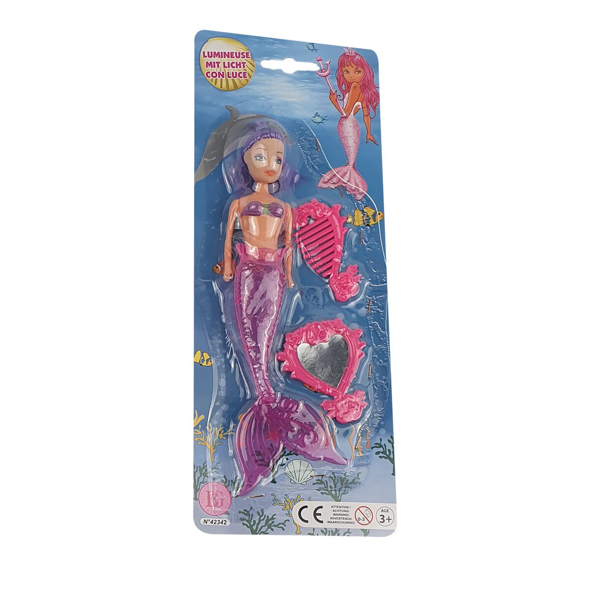 Poupée Sirène lumineuse en plastique L 22 cm avec 2 accessoires BG