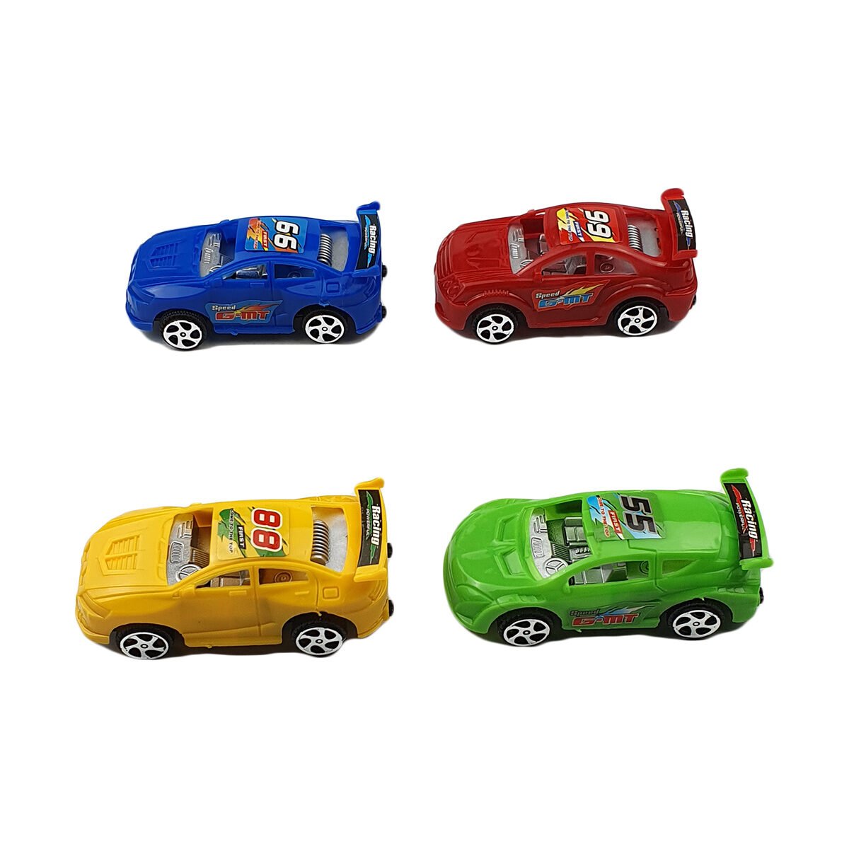 Set of 4 plastic racing car toys in different colors L 8 x H 4 cm BG