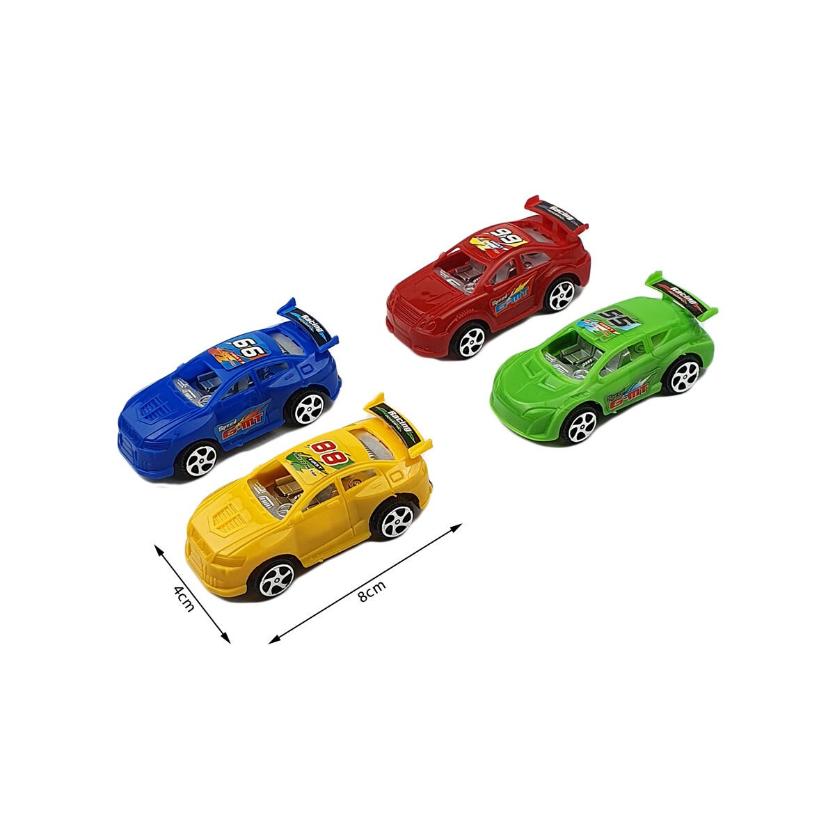 Set of 4 plastic racing car toys in different colors L 8 x H 4 cm BG
