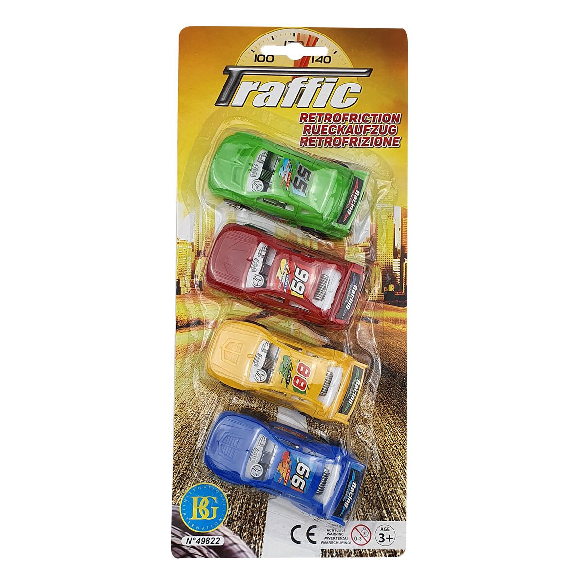 Set of 4 plastic racing car toys in different colors L 8 x H 4 cm BG