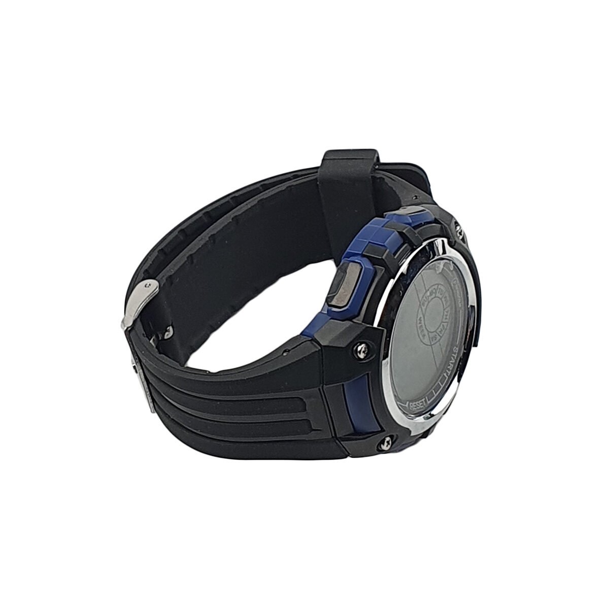 Montre digitale en plastique noir, bleu foncé et argent D 4.5 cm du cadran avec fonctions heure, date, alarme, chronomètre et éclairage Minghui