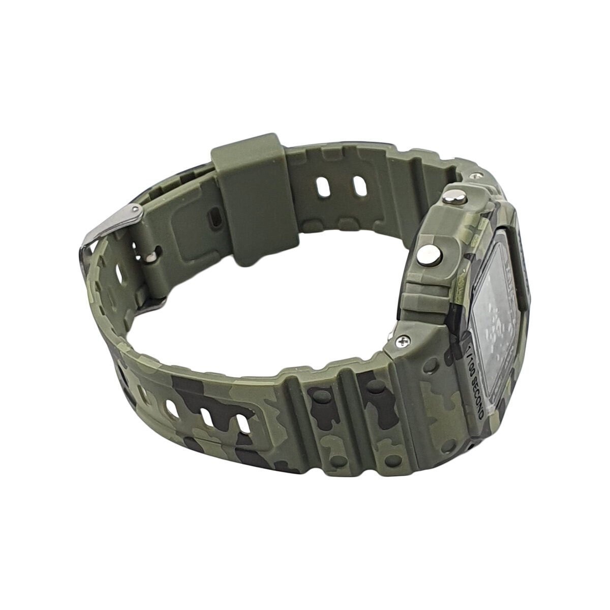 Montre digitale en plastique vert militaire L 4.5 x l 3.5 cm du cadran avec fonctions heure, date, alarme, chronomètre et éclairage Xinjia
