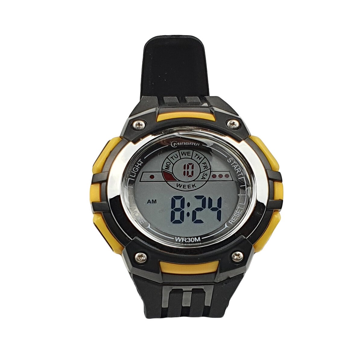 Montre digitale en plastique noir, jaune et argent D 4.5 cm du cadran avec fonctions heure, date, alarme, chronomètre et éclairage Minghui