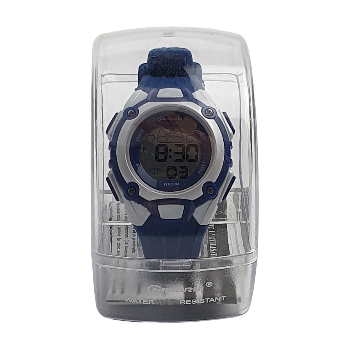 Montre digitale en plastique bleu foncé et blanc D 3.5 cm du cadran avec fonctions heure, date, alarme, chronomètre et éclairage Minghui