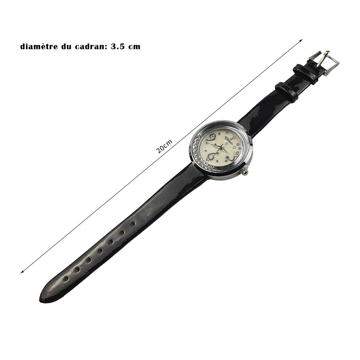 Women's watch in silver metal D 3.5 cm from the dial with black imitation leather strap Chtime