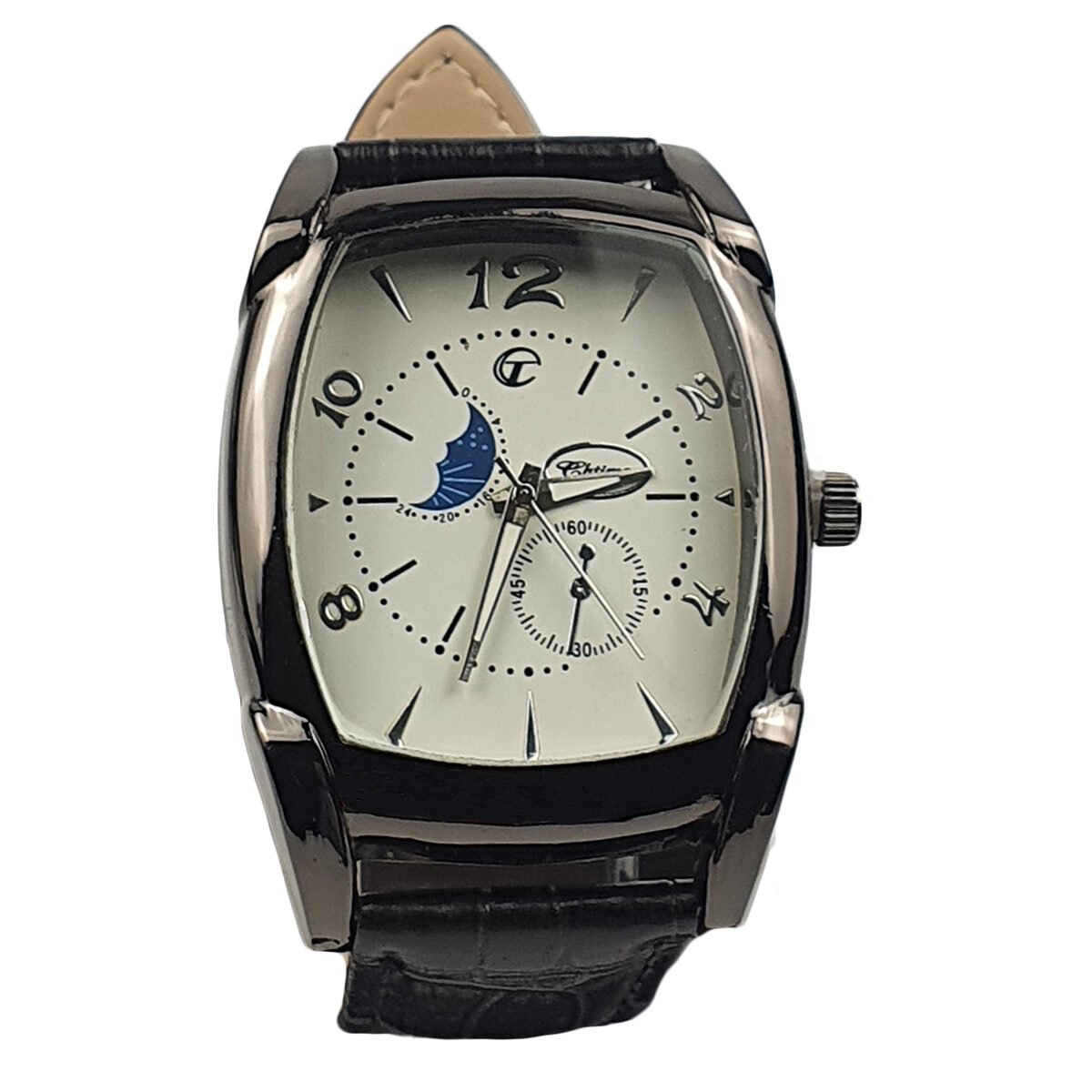 Montre homme en métal gris foncé L 5 x l 4 cm du cadran avec bracelet en simili cuir noir Chtime