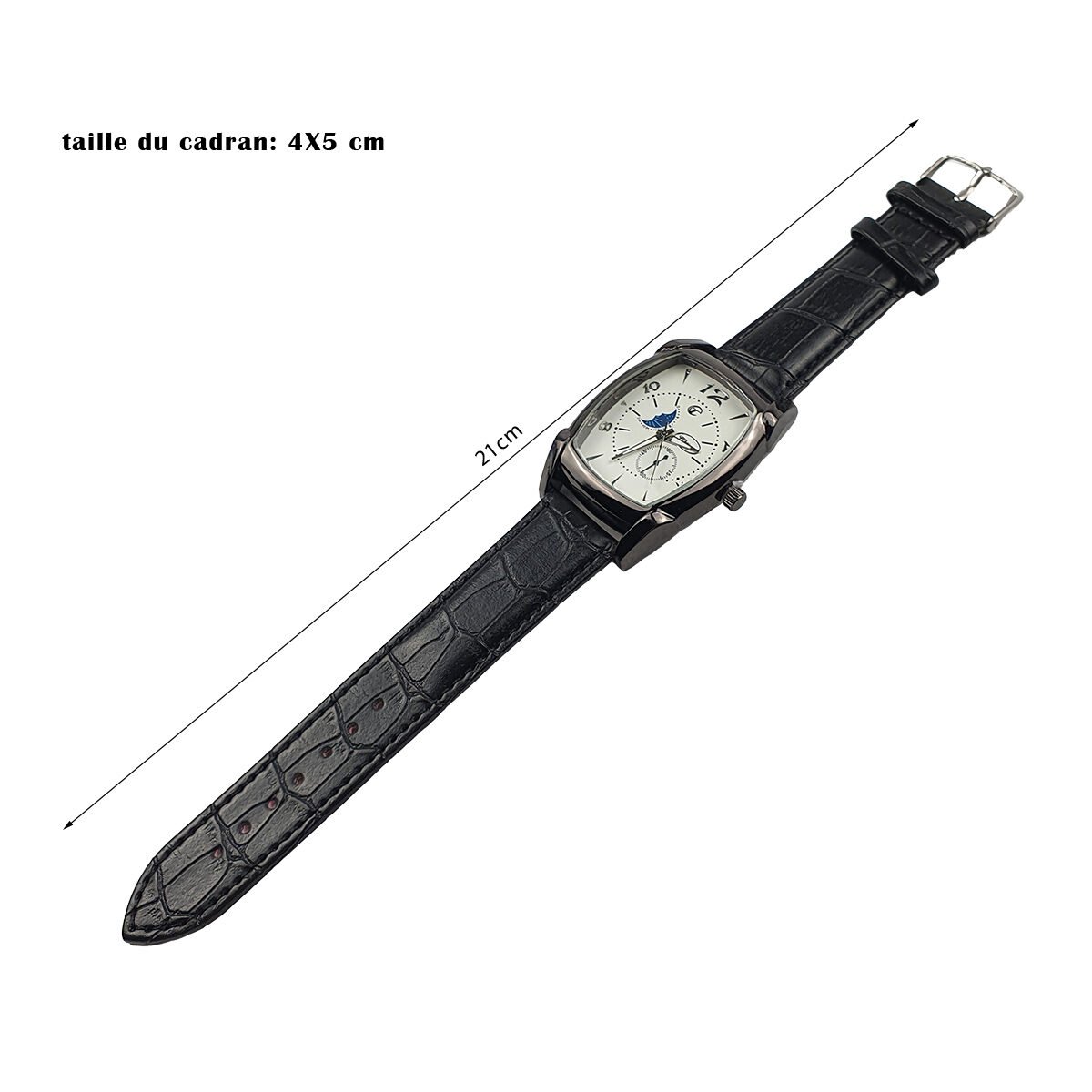 Montre homme en métal gris foncé L 5 x l 4 cm du cadran avec bracelet en simili cuir noir Chtime