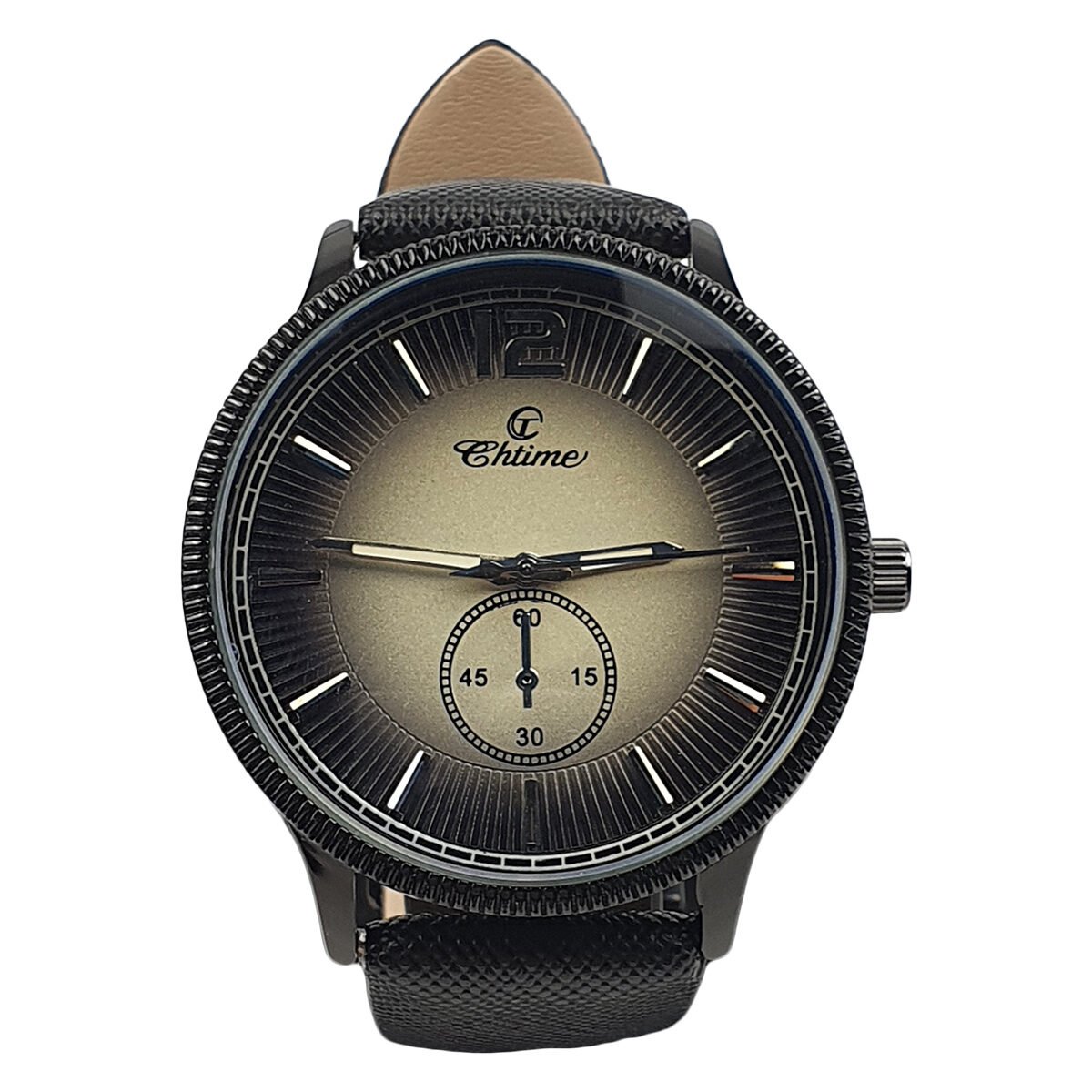 Men's watch in black metal D 4.5 cm of the dial with black imitation leather strap Chtime