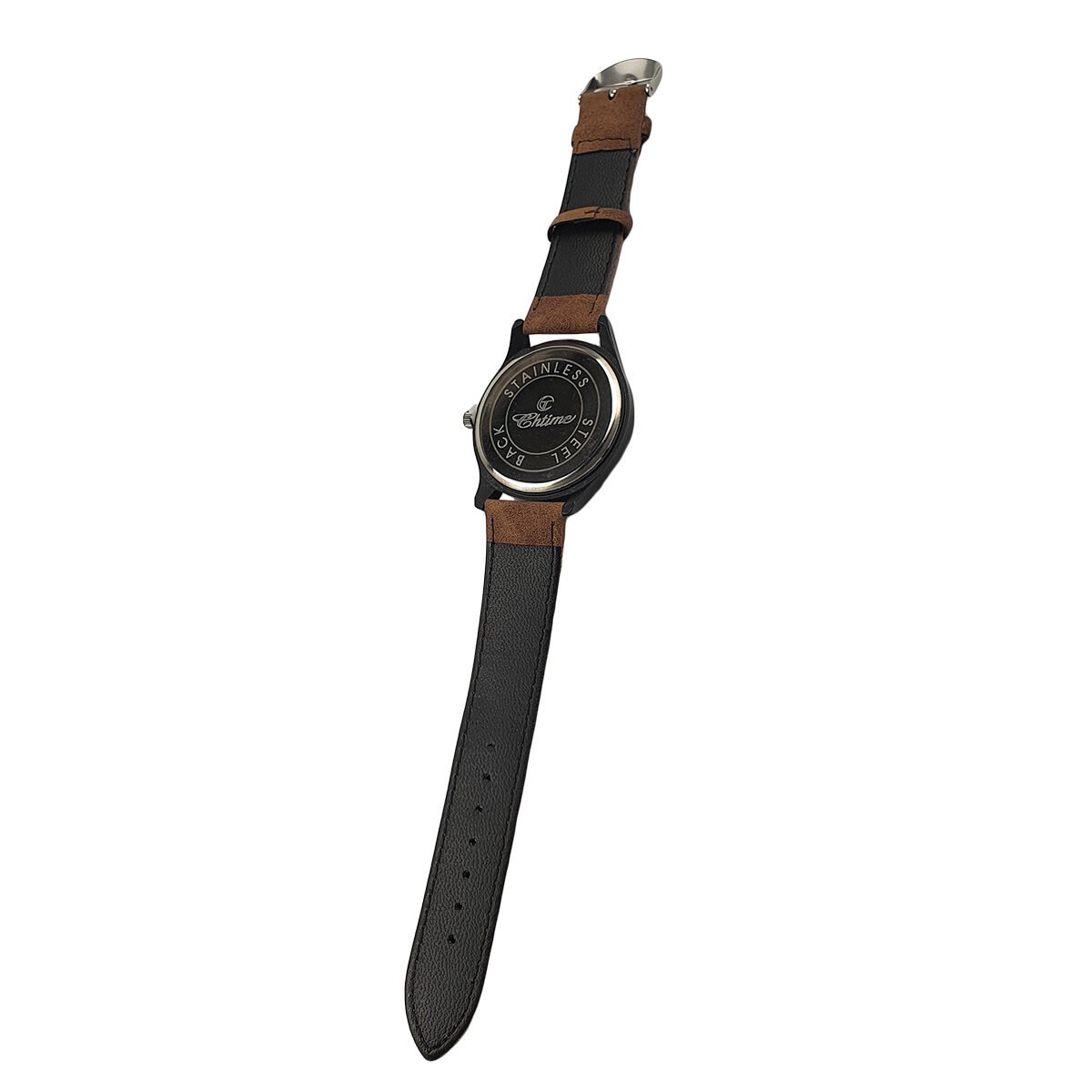 Montre homme en métal noir D 4.5 cm du cadran avec bracelet en simili cuir marron Chtime