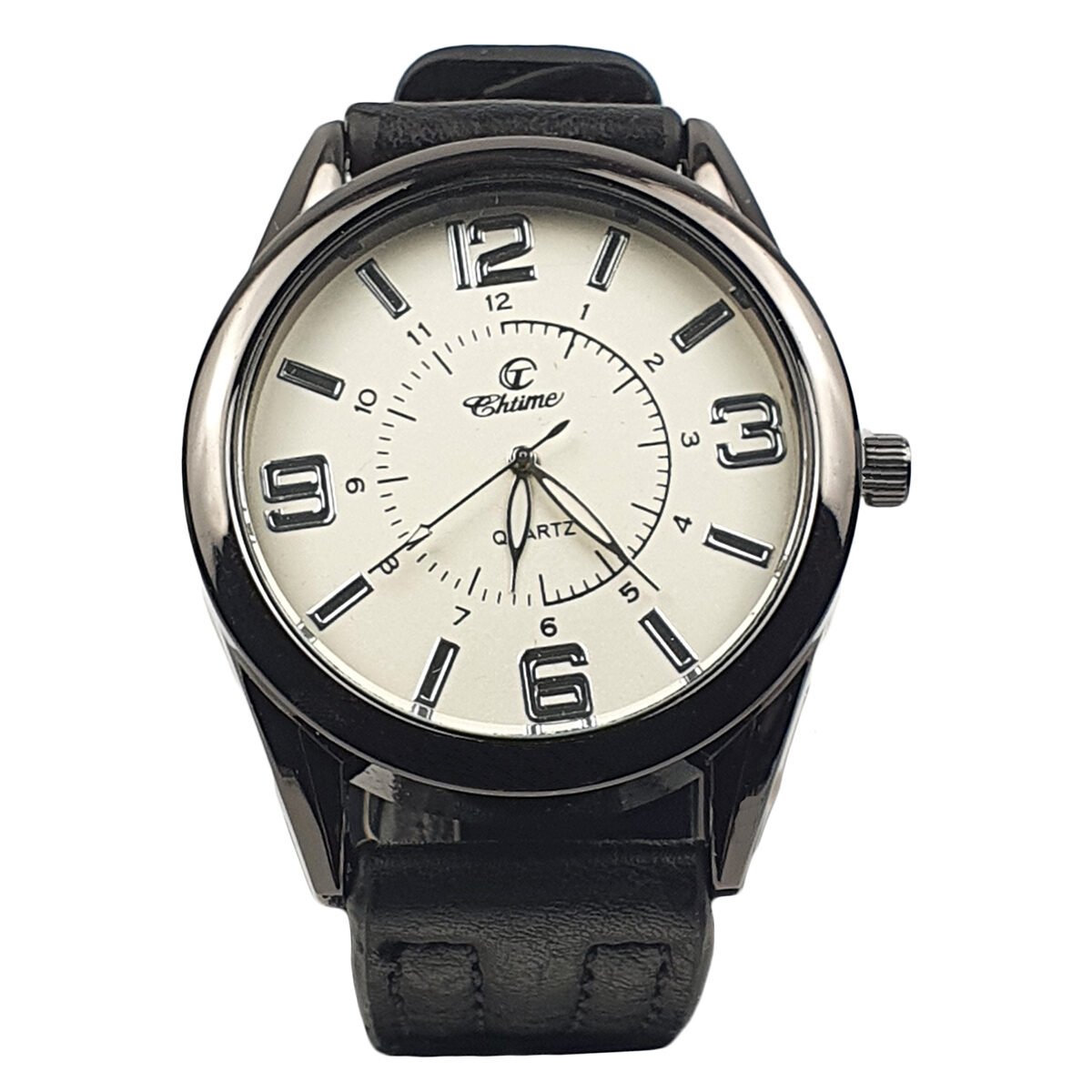 Montre homme en métal gris foncé D 4.5 cm du cadran avec bracelet en simili cuir noir Chtime