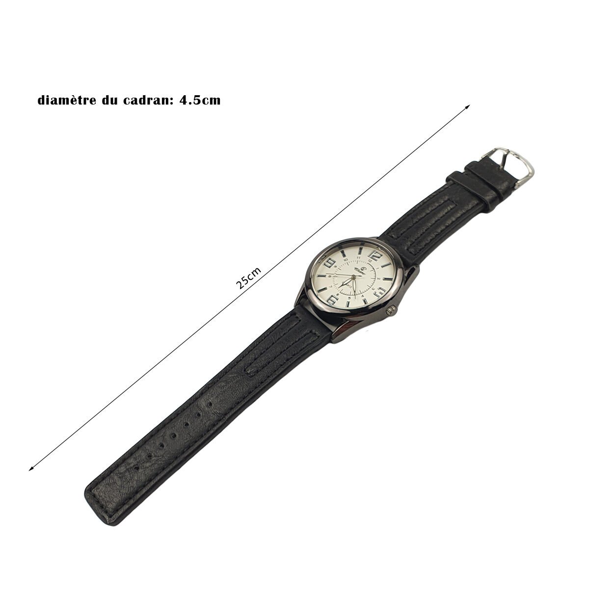 Montre homme en métal gris foncé D 4.5 cm du cadran avec bracelet en simili cuir noir Chtime
