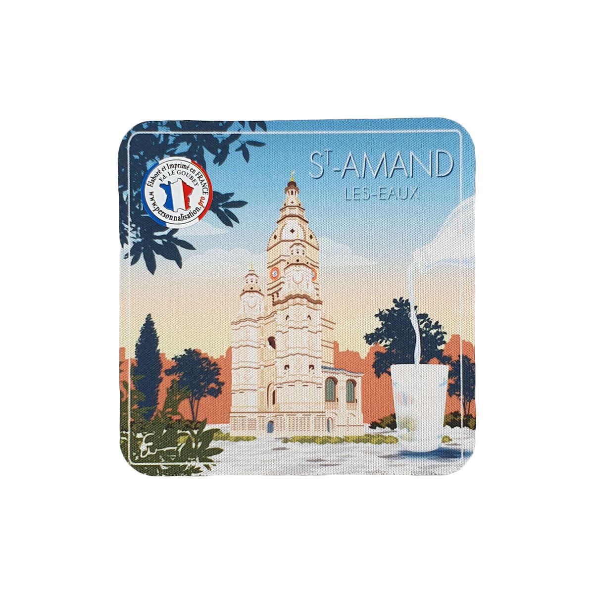 Dessous de verre Tour abbatiale Saint-Amand-les-Eaux dessin en caoutchouc recouvert de tissu l 10 x H 10 cm