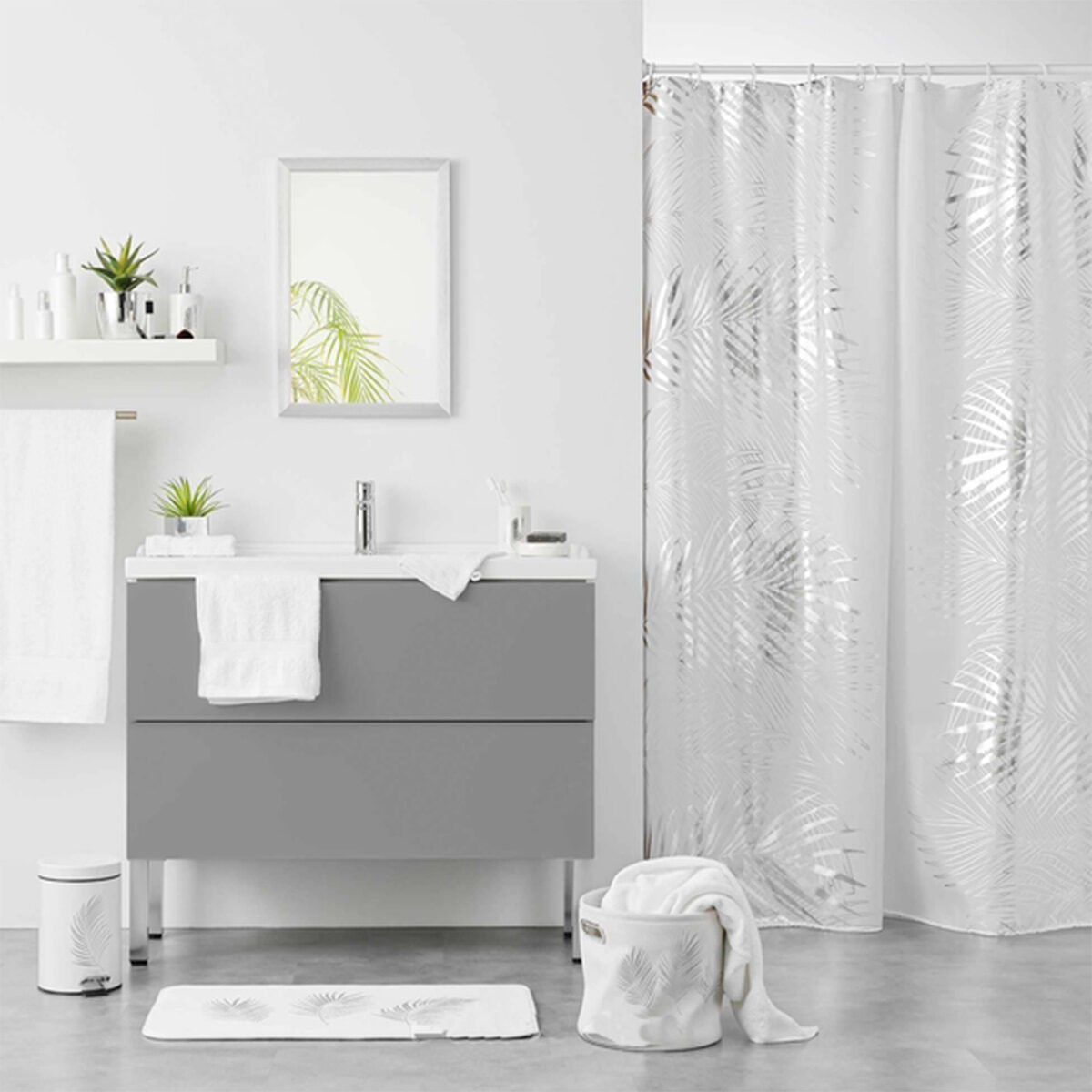 Rideau de douche Orbella blanc/argent en polyester l 180 x H 200 cm + 12 anneaux en plastique Douceur d’intérieur