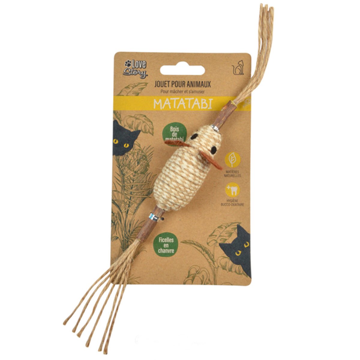 Jouet Souris au bois naturel de Matatabi L 12 cm avec des ficelles en chanvre Love Story