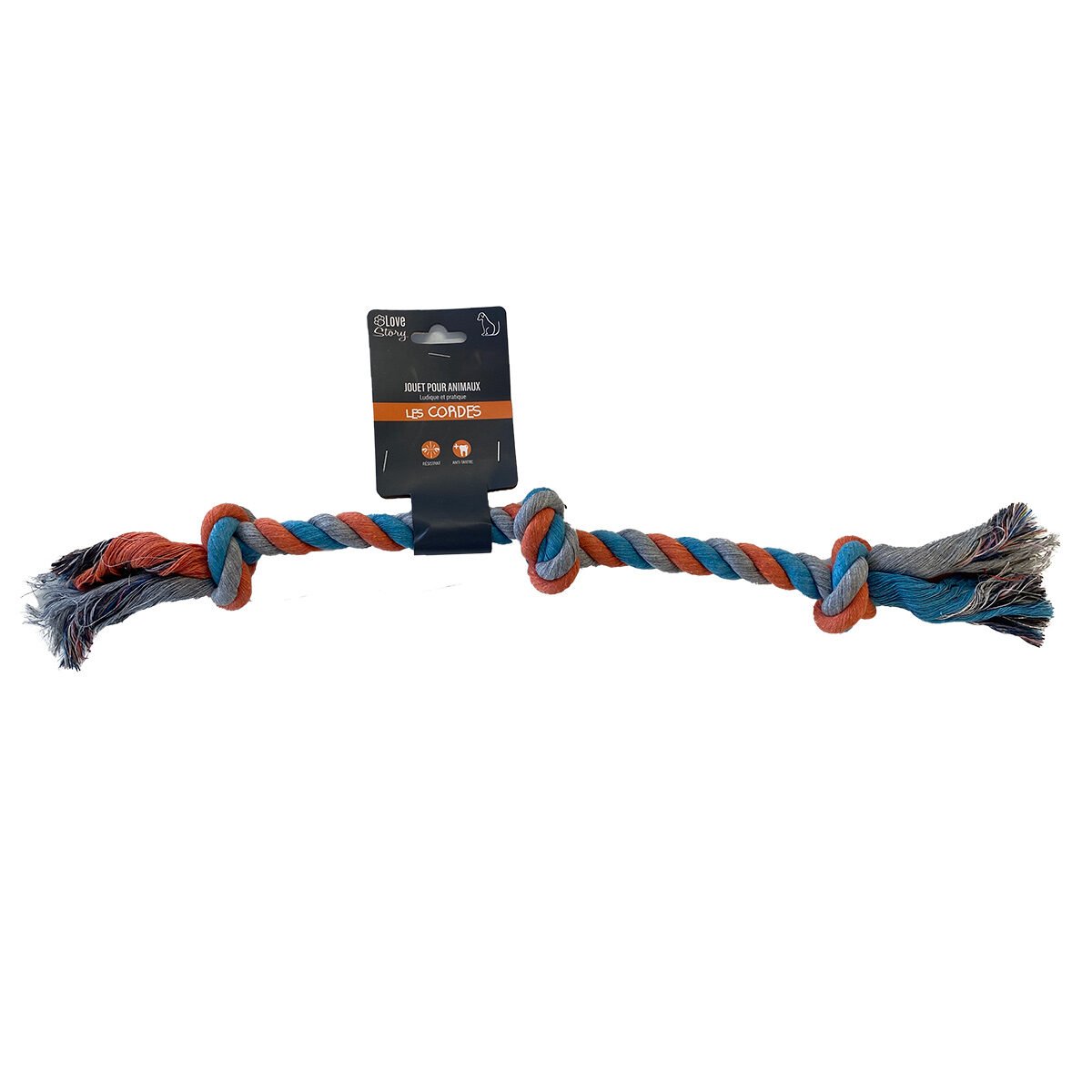 Rope toy with 3 tricolor cotton knots L 50 cm for dogs Love Story