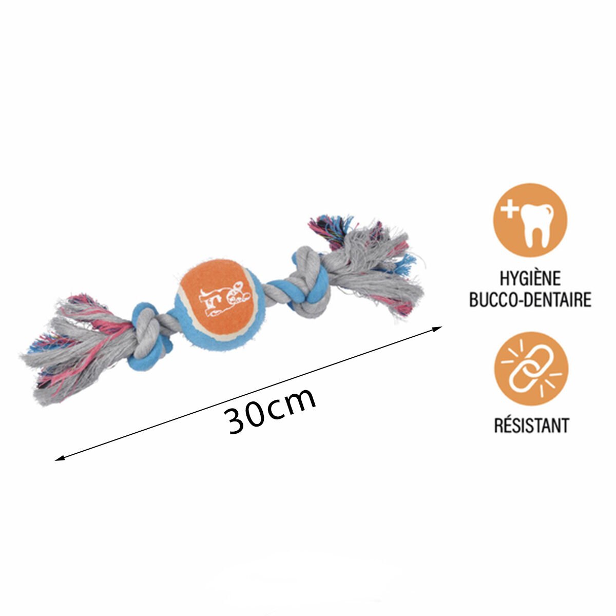 Rope toy with 2 tricolor cotton knots in rubber tennis ball L 30 cm for dog Love Story