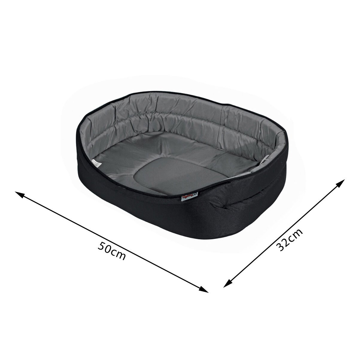 Black oval waterproof and anti-stain basket in polyester and foam for animals Love Story