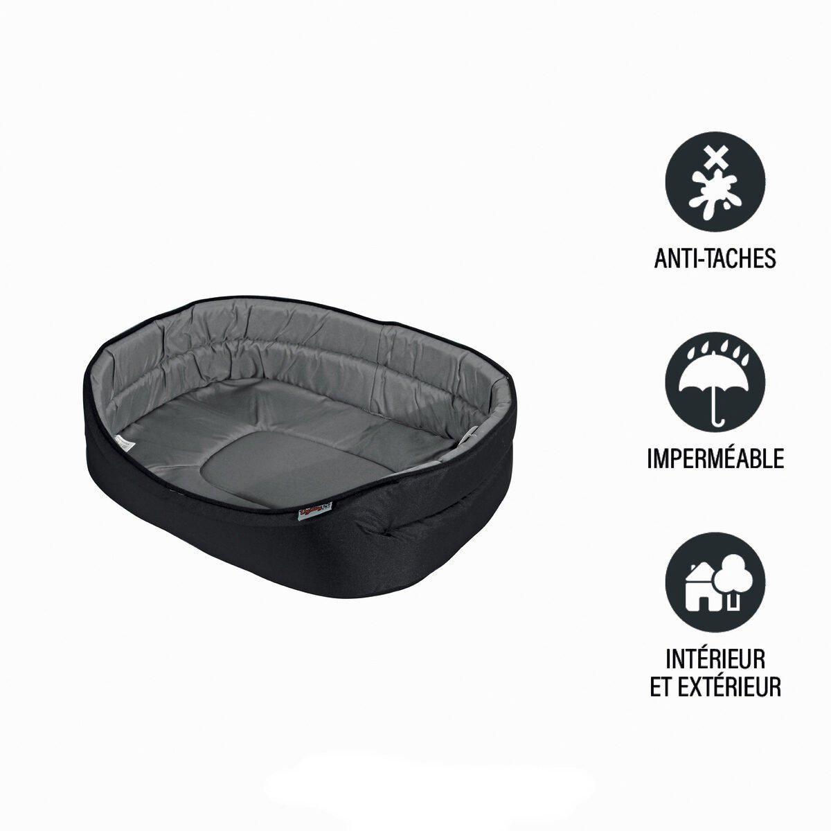 Black oval waterproof and anti-stain basket in polyester and foam for animals Love Story