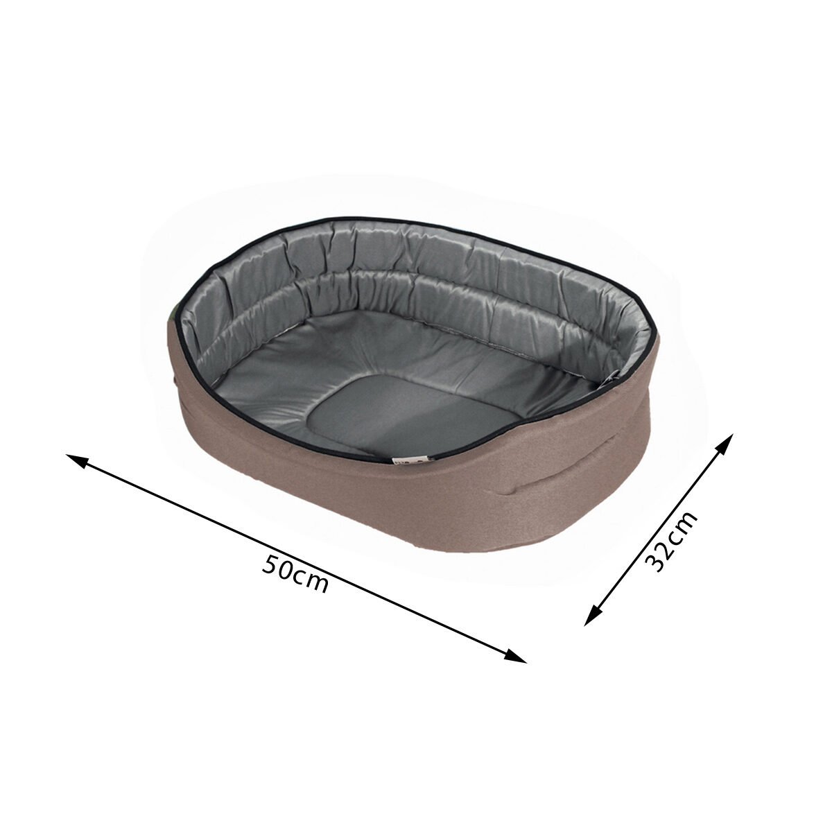 Panier ovale taupe imperméable et anti-tâches en polyester et mousse pour animaux Love Story