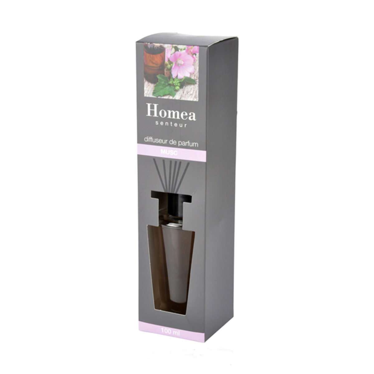 Musk fragrance diffuser 100 ml in glass and black plastic with 6 Homea black wooden sticks