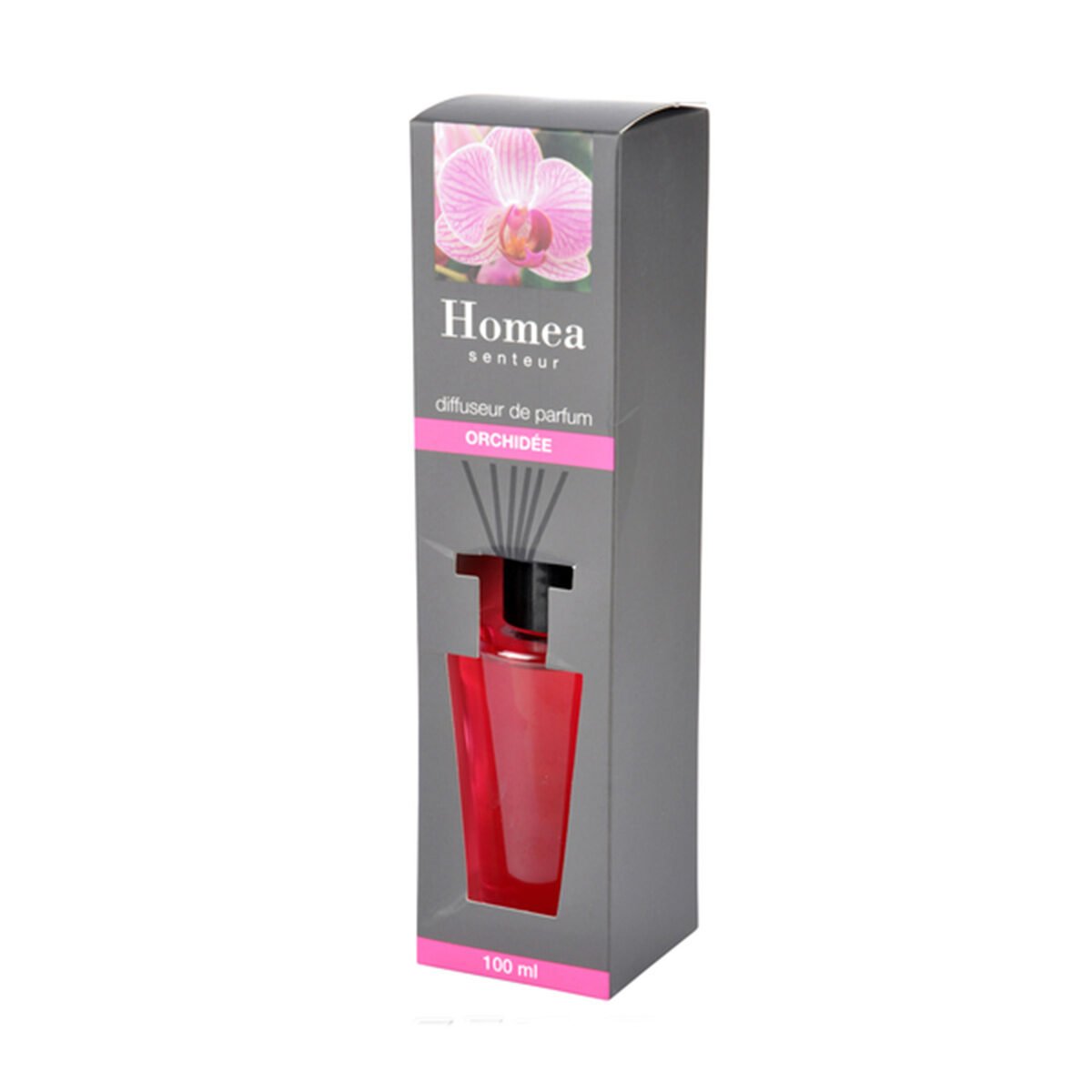 Orchid fragrance diffuser 100 ml in glass and black plastic with 6 Homea black wooden sticks