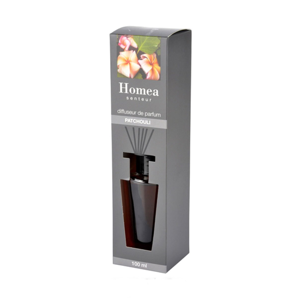 Patchouli fragrance diffuser 100 ml in glass and black plastic with 6 Homea black wooden sticks