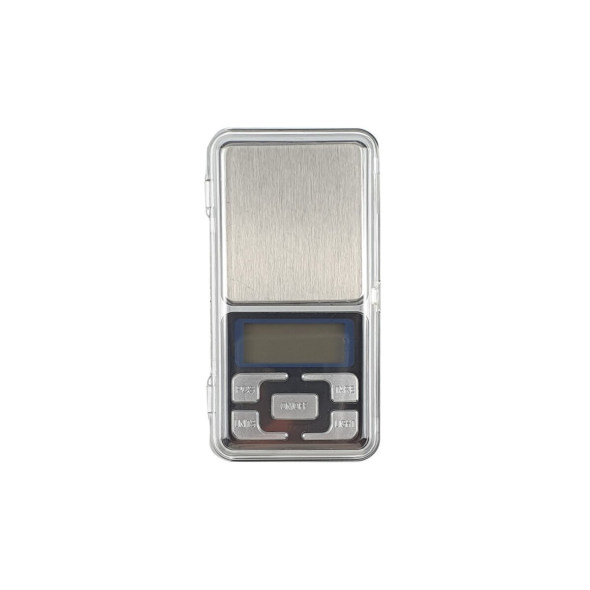 Precision scale of 0.01 g and 200 g maximum in stainless steel and plastic L 12 x l 7 cm with 5 buttons, 1 attached transparent cover and 1 black protective cover